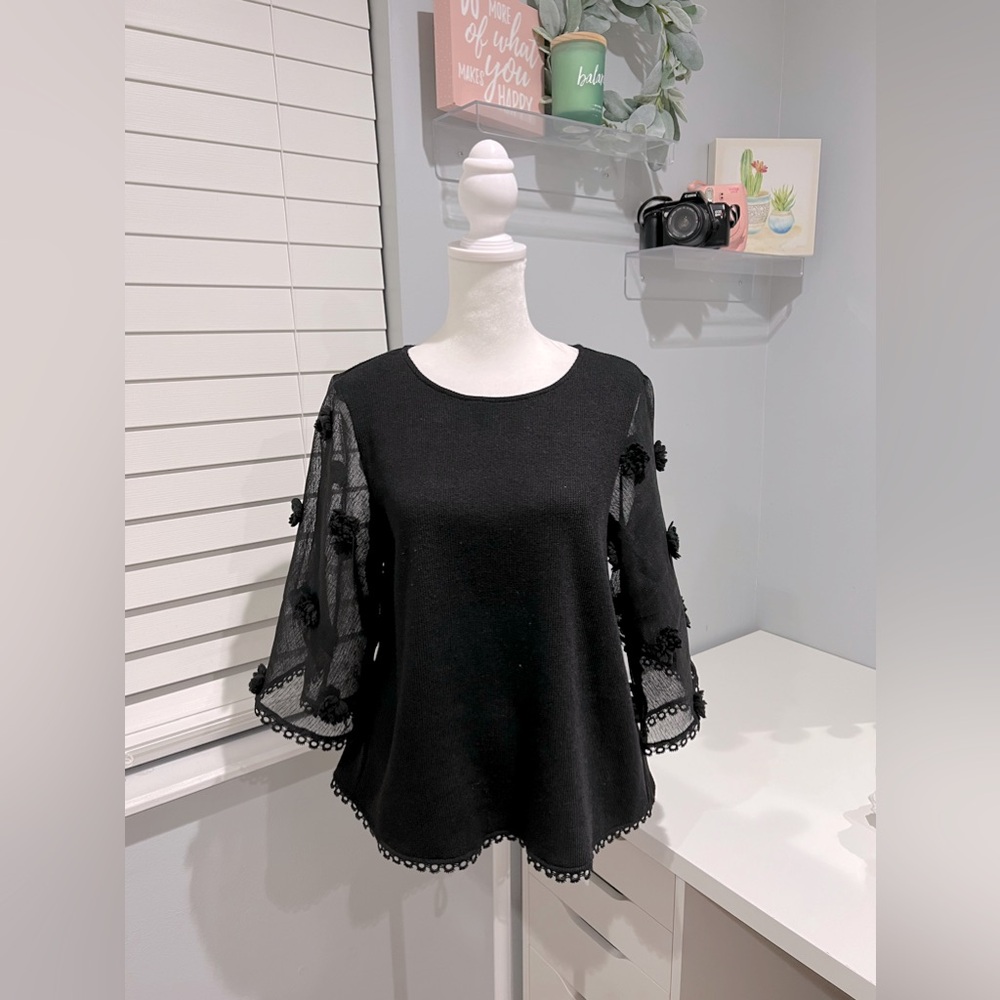 THML Black Pom‎ Pom 3/4 Sleeve Sweater Top